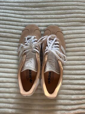 adidas Women’s Beige Suede Sneakers with White Stripes